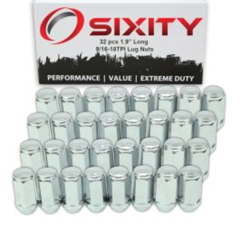 32 pc Sixity Chrome Bulge Acorn Wheel Lug Nuts - 9/16-18tpi 1.9" Long - Capped Closed End